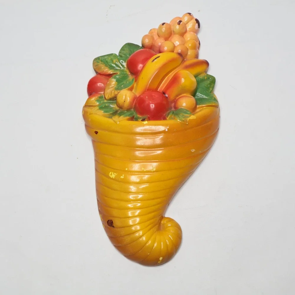 Vintage Ceramic Fruit‎ Cornucopia Wall Hanging Plaque Thanksgiving Decor 11 Inch